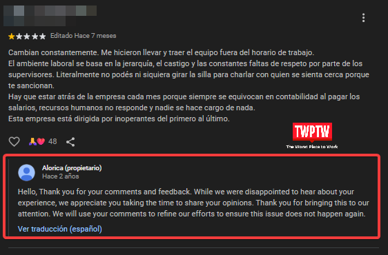 Reseña negativa en google maps de Alorica - the worst place to work